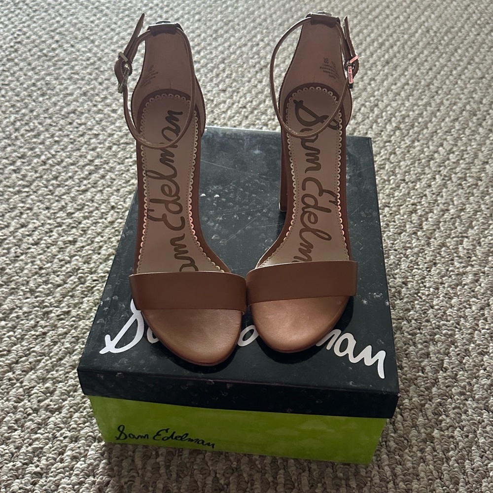 Sam Edelman Yaro Saddle Leather Brown Ankle-Strap Block Heel Sandals